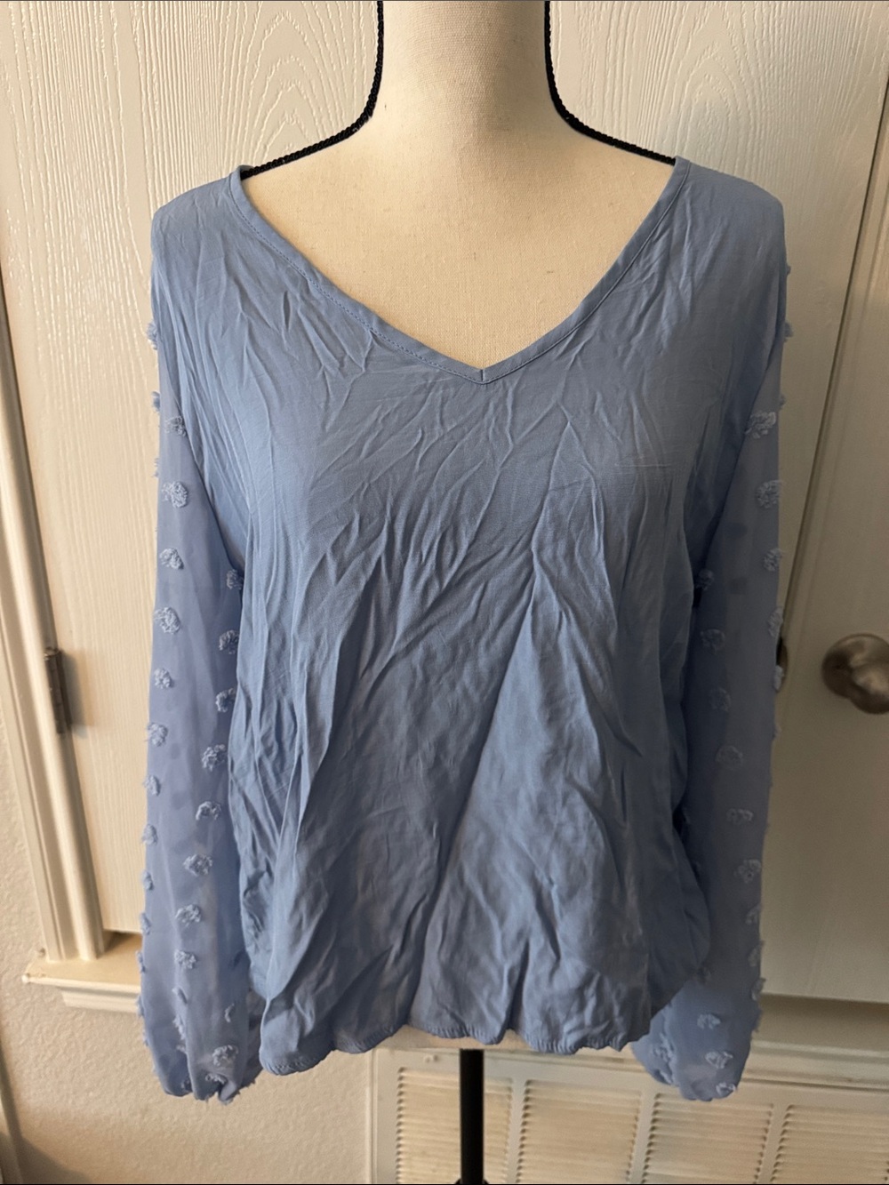 Light Blue V-Neck Women's Tunic Top with Dot-Sleeve Detail